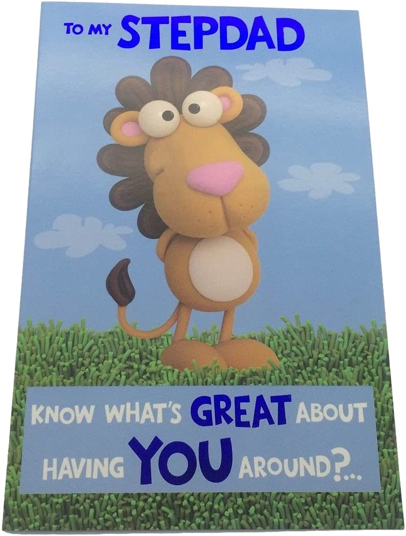 Cute Lion To My Stepdad Know What's Great About Having You Around?... Fun Father's Day Blue Foil UK Greetings Card 