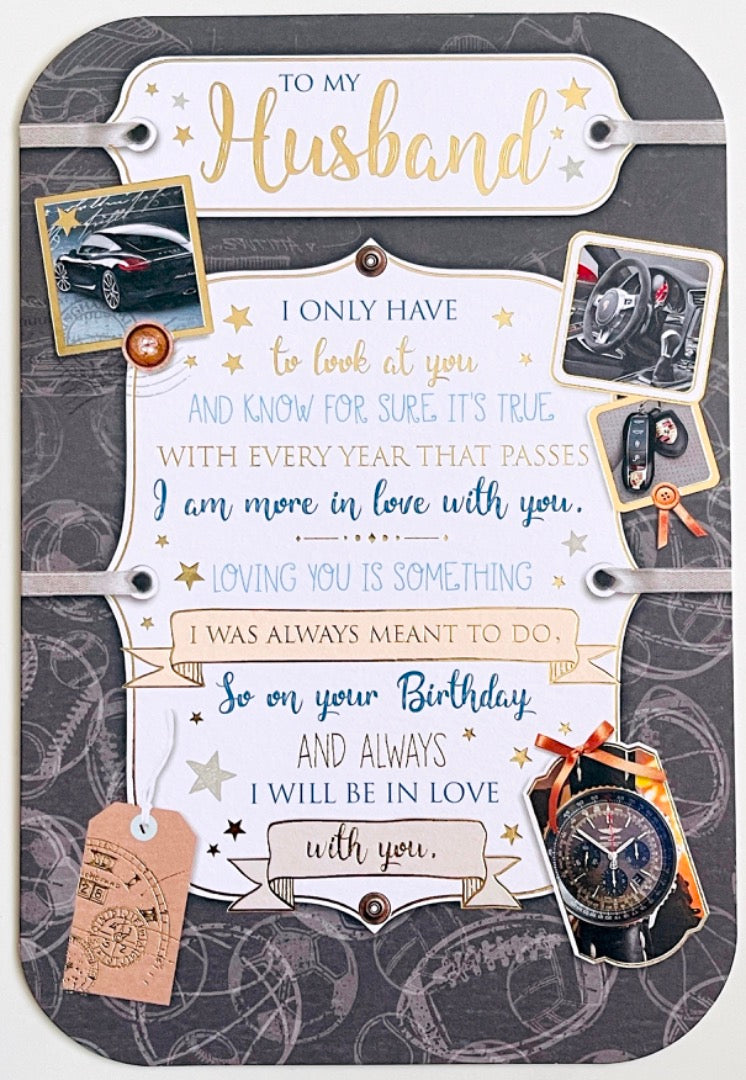 To My Husband Birthday Card with Lovely Verse - Luxury Watch and Sports Car Porsche