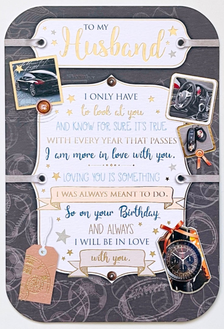 To My Husband Birthday Card with Lovely Verse - Luxury Watch and Sports Car Porsche