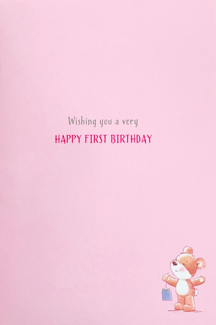 Happy 1st Birthday Little Bear Pink Flower Yellow Duck and Balloon