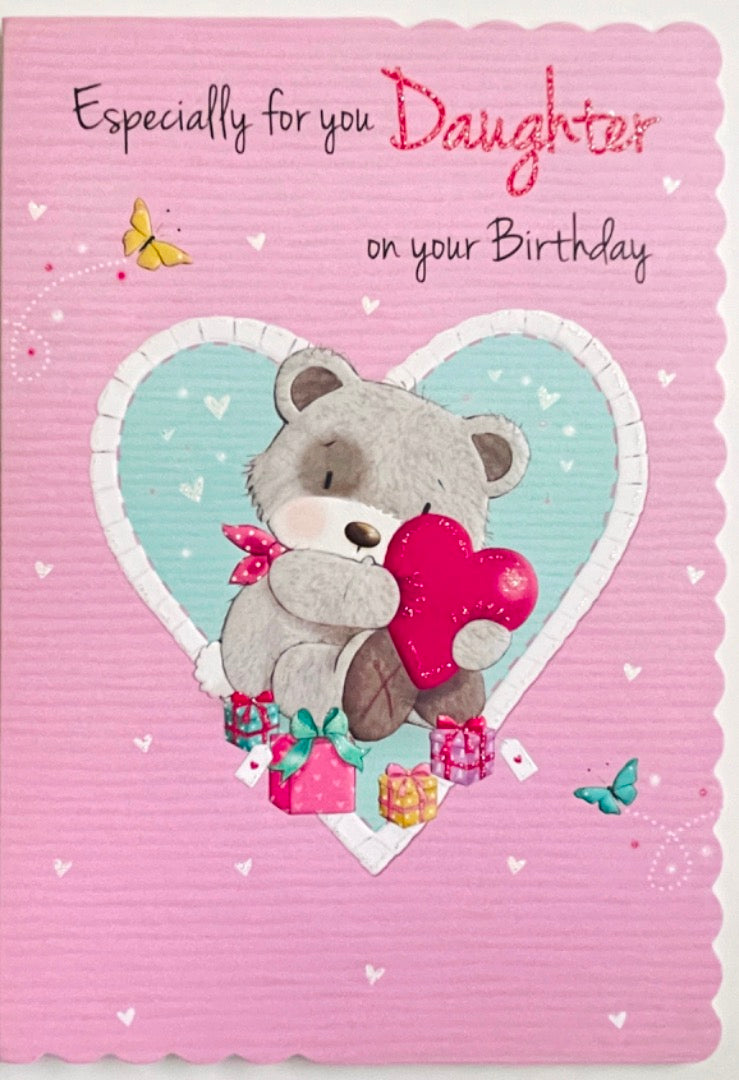 Daughter on Your Birthday with Lots of Love Cute Teddy Bear With Gifts and Heart