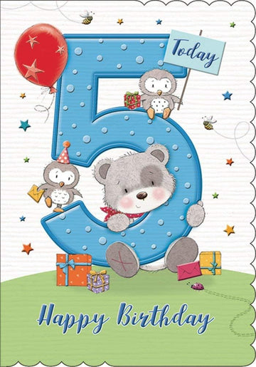 5 Today Happy 5th Birthday Hip Hip Hooray Cute Teddy Bear and Owls with Gifts - Blue