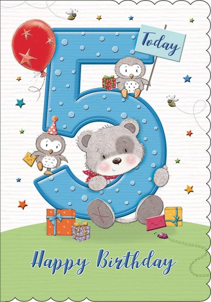 5 Today Happy 5th Birthday Hip Hip Hooray Cute Teddy Bear and Owls with Gifts - Blue