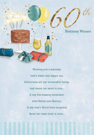 60th Birthday Wishes Card Lovely Verse Cake Gifts and Drinks Perfect Day
