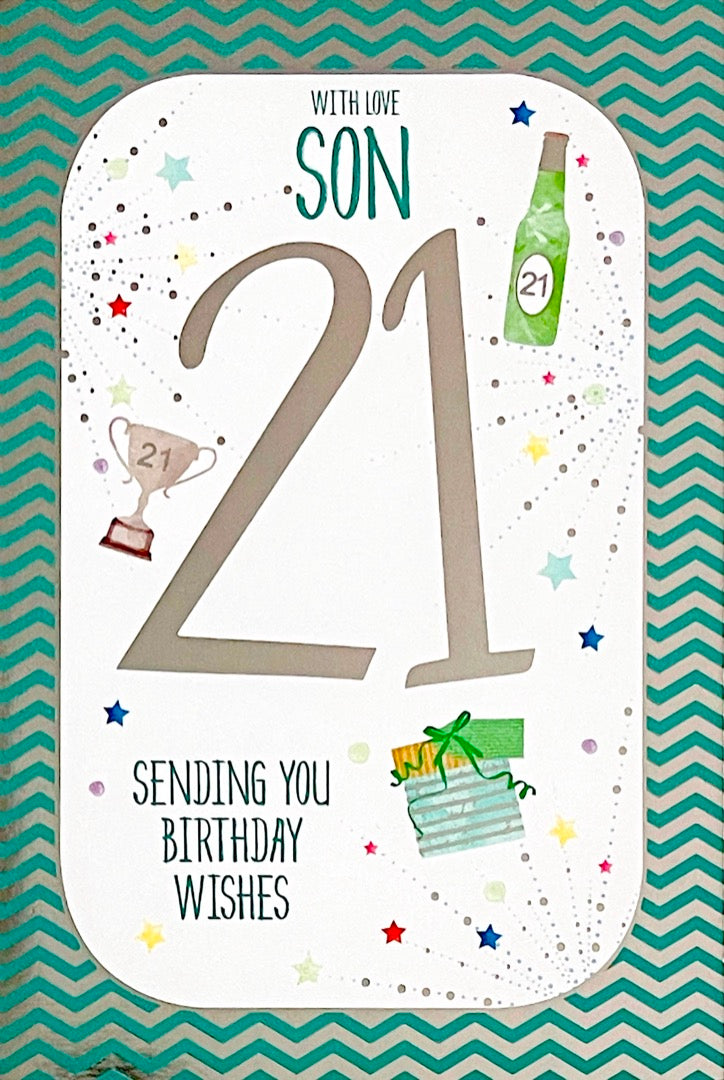 Son Happy 21st Birthday Card Lovely Verse Contemporary Silver Foil Design Age 21