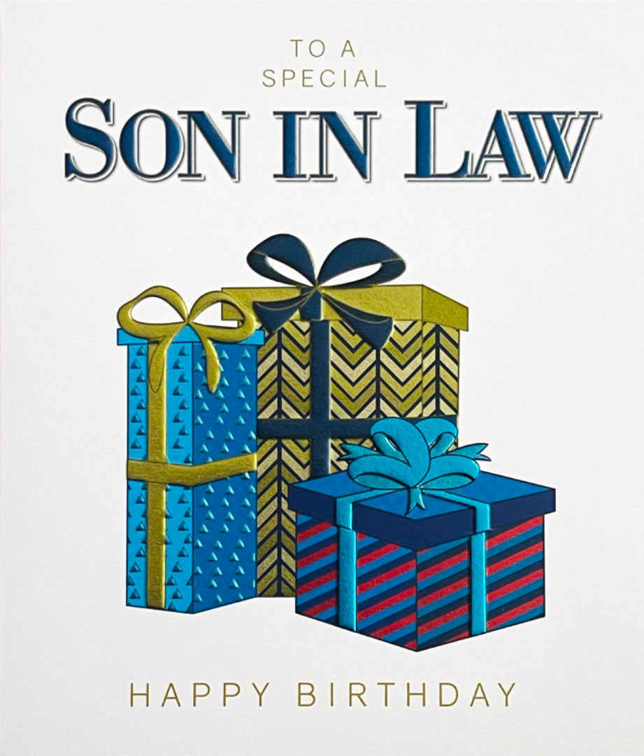 Special Son-In-Law Happy Birthday Card with Love Gifts Contemporary Design