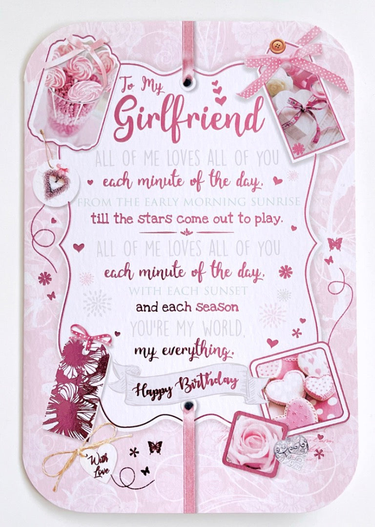 My Girlfriend All of Me Loves All Of You Romantic Birthday Card - Pink Roses and Sweet Candy Treats