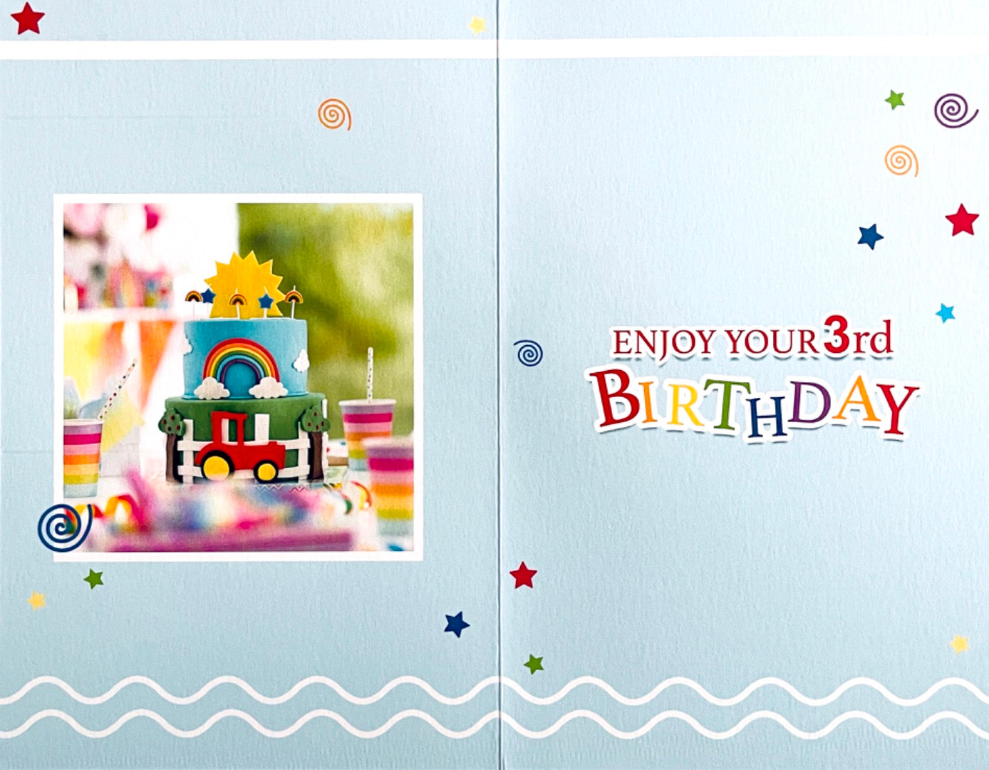 3 Today Happy 3rd Birthday Card Colourful Rainbow Party Cake with Red Tractor
