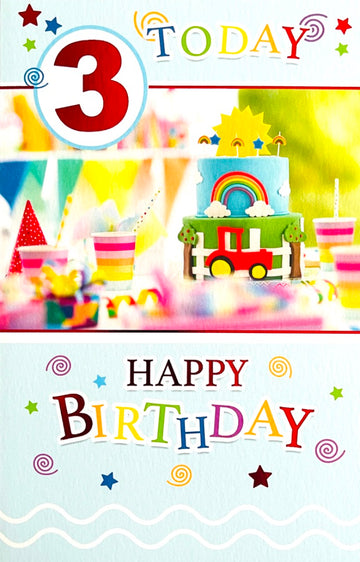 3 Today Happy 3rd Birthday Card Colourful Rainbow Party Cake with Red Tractor