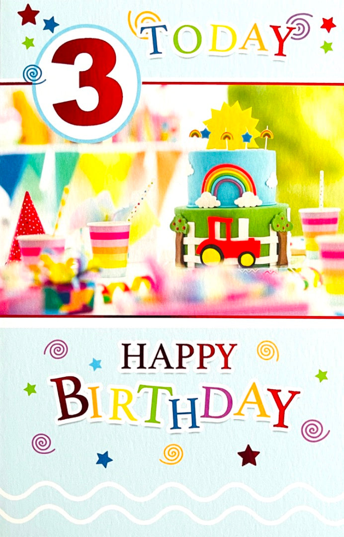 3 Today Happy 3rd Birthday Card Colourful Rainbow Party Cake with Red Tractor