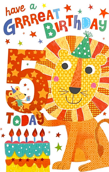 5 Today Have A Grrreat Happy 5th Birthday Card Colourful Lion and Mouse with Cake