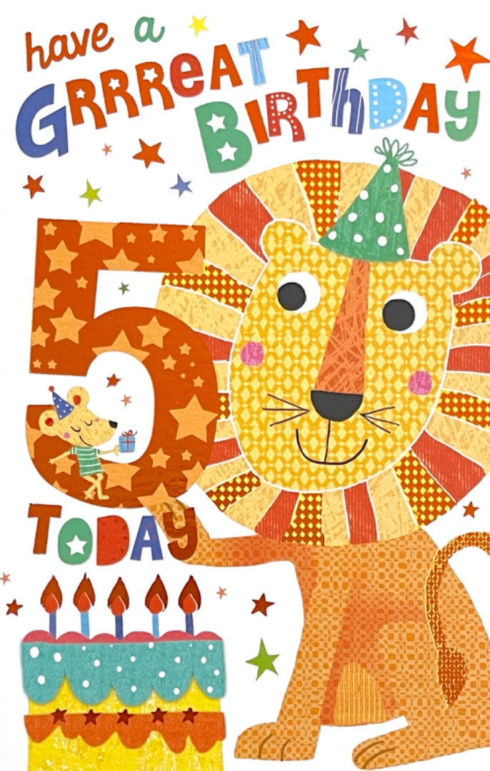 5 Today Have A Grrreat Happy 5th Birthday Card Colourful Lion and Mouse with Cake