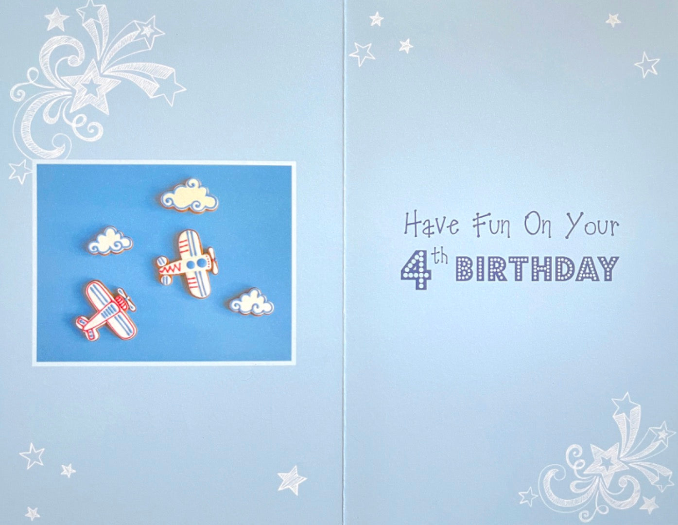 4 Today Have Fun 4th Birthday Card Aeroplane and Cloud Cookie Biscuits Art