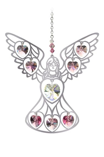 Angel Baby Pink Pure Radiance Large Crystal Hanging Sun-Catcher Mobile Rainbow Maker - Handmade with Chrome Motif, Coloured Crystal Hearts & Pendant