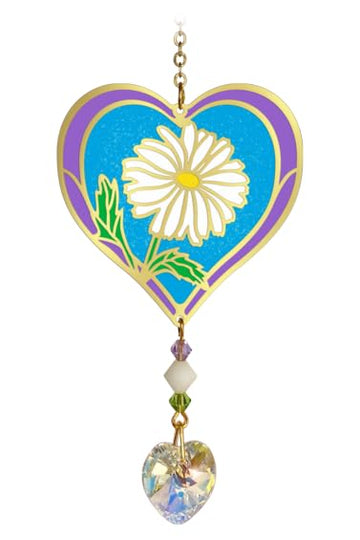 April - Daisy Birth Month Flower Sun-Catcher Mobile - Stained Glass Effect - Sparkling Crystal Heart Adorned - Embellished with Hand-Crafted Beadwork