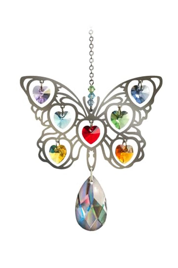 Butterfly Large Chrome Motif with Crystal Hearts - Hanging Sun-Catcher Rainbow Maker Mobile - Handmade with Crystal Pendant