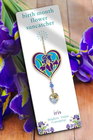 February - Iris Birth Month Flower Sun-Catcher Mobile in Stained Glass Effect - Sparkling Crystal Heart Adorned - Embellished with Hand-Crafted Beadwork