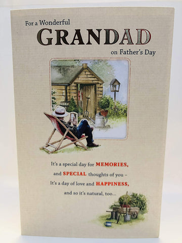 For A Wonderful Grandad on Father's Day with Thanks and Love Garden Shed & Deck Chair Lovely Foil Finish UK Greeting Card