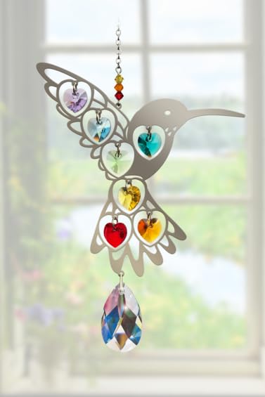 Hummingbird Rainbow Crystals & Dreams Pure Radiance Large Chrome Motif with Coloured Crystal Hearts Hanging Sun-Catcher Mobile