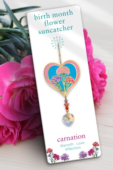 January Carnation Birth month Flower Sun-Catcher Crystal Mobile in Stained Glass Effect - Sparkling Crystal Heart Adorned - Embellished with Hand-Crafted Beadwork