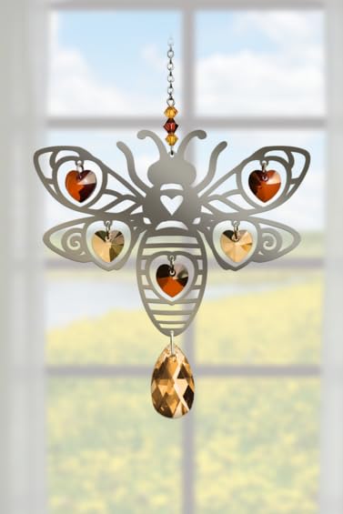 Bee Autumn Gold Pure Radiance Large Chrome Motif with Crystal Hearts Hanging Sun-Catcher Rainbow Maker Mobile