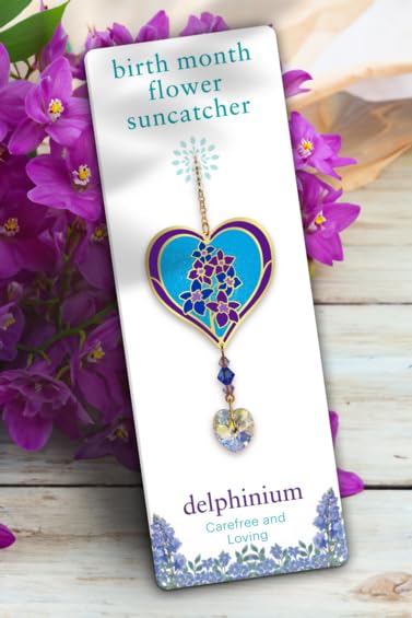 July - Delphinium Birth Month Flower Sun-Catcher Mobile - Stained Glass Effect - Sparkling Crystal Heart Adorned - Embellished with Hand-Crafted Beadwork