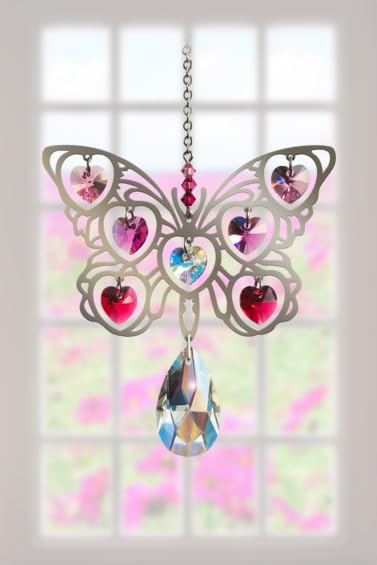 Butterfly Fuchsia Coloured Crystal Hearts Large Chrome Motif Hanging Sun-Catcher - Handmade with Crystal Pendant