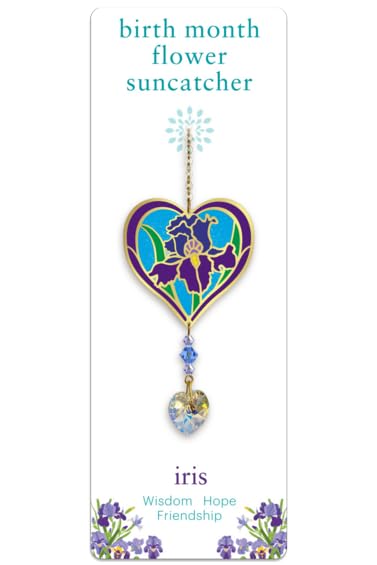 February - Iris Birth Month Flower Sun-Catcher Mobile in Stained Glass Effect - Sparkling Crystal Heart Adorned - Embellished with Hand-Crafted Beadwork