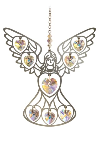 Angel Aurora Borealis Pure Radiance Large Crystal Hanging Sun-Catcher Mobile Rainbow Maker - Handmade with Chrome Motif, Coloured Crystal Hearts & Pendant