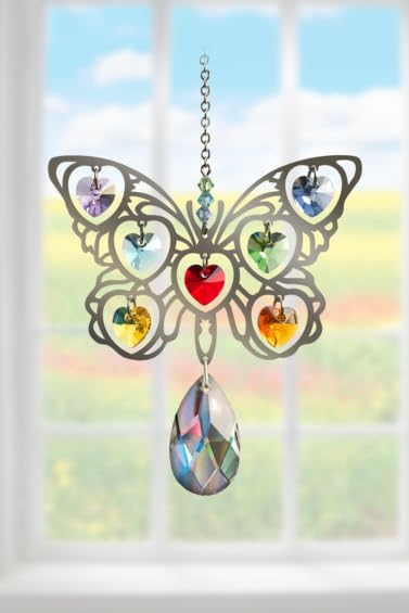 Butterfly Large Chrome Motif with Crystal Hearts - Hanging Sun-Catcher Rainbow Maker Mobile - Handmade with Crystal Pendant