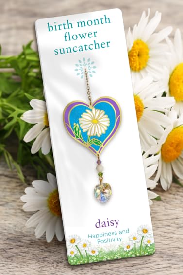 April - Daisy Birth Month Flower Sun-Catcher Mobile - Stained Glass Effect - Sparkling Crystal Heart Adorned - Embellished with Hand-Crafted Beadwork