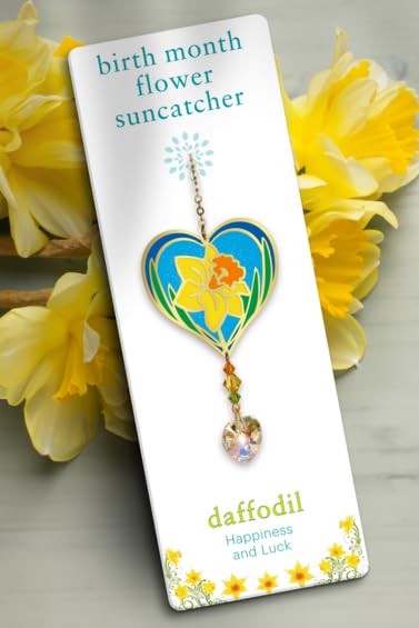 March - Daffodil Birth Month Flower Sun-Catcher Mobile in Stained Glass Effect - Sparkling Crystal Heart Adorned - Embellished with Hand-Crafted Beadwork