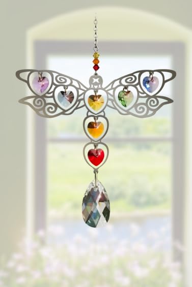 Dragonfly Large Chrome Motif with Rainbow Crystal Hearts - Hanging Sun-Catcher Mobile - Handmade with Crystal Pendant