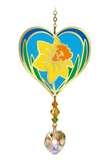 March - Daffodil Birth Month Flower Sun-Catcher Mobile in Stained Glass Effect - Sparkling Crystal Heart Adorned - Embellished with Hand-Crafted Beadwork