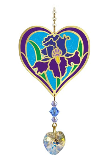February - Iris Birth Month Flower Sun-Catcher Mobile in Stained Glass Effect - Sparkling Crystal Heart Adorned - Embellished with Hand-Crafted Beadwork