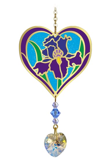 February - Iris Birth Month Flower Sun-Catcher Mobile in Stained Glass Effect - Sparkling Crystal Heart Adorned - Embellished with Hand-Crafted Beadwork