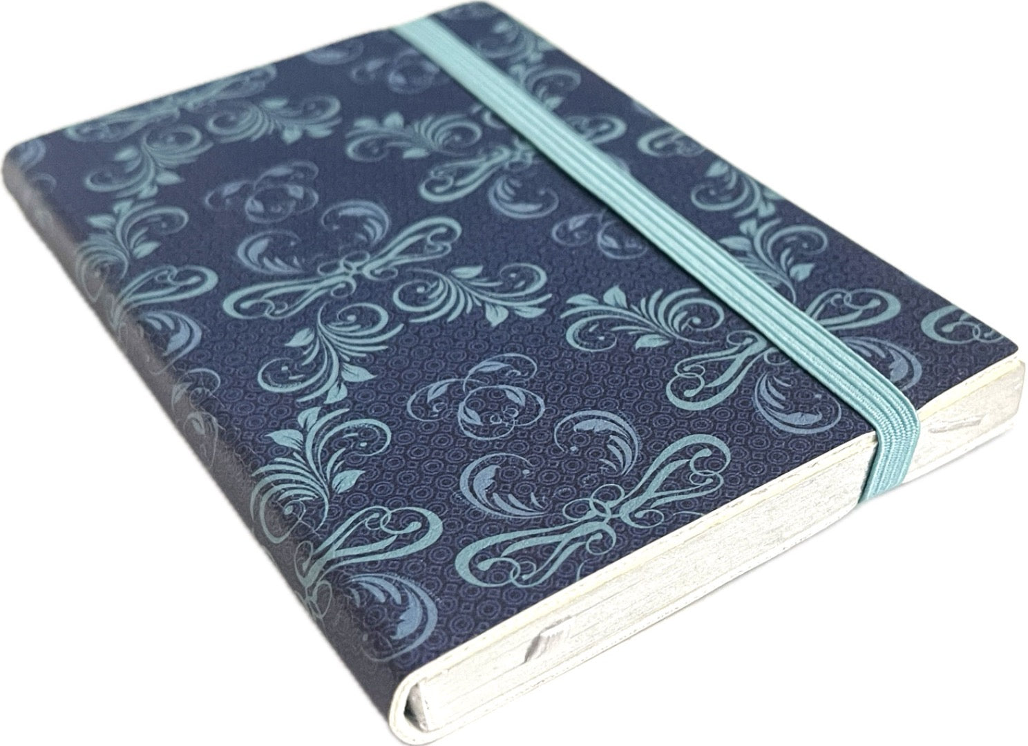 Blue Decorative Lined Pocket Notebook with Guided Edges and Elastic Band Closure