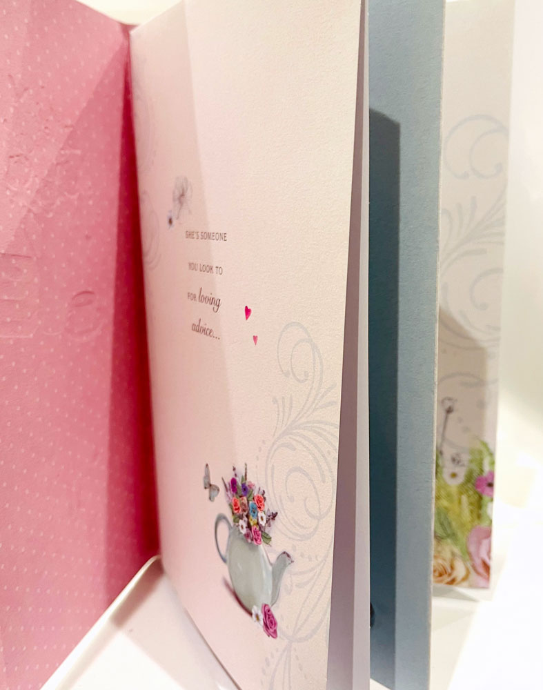 What is a Mother? Mother's Day Card - Flowers Tea Books Silver Pink Glitter Foil