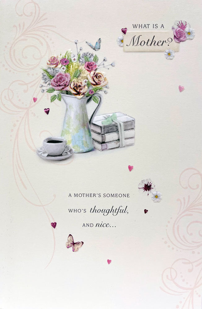 What is a Mother? Mother's Day Card - Flowers Tea Books Silver Pink Glitter Foil