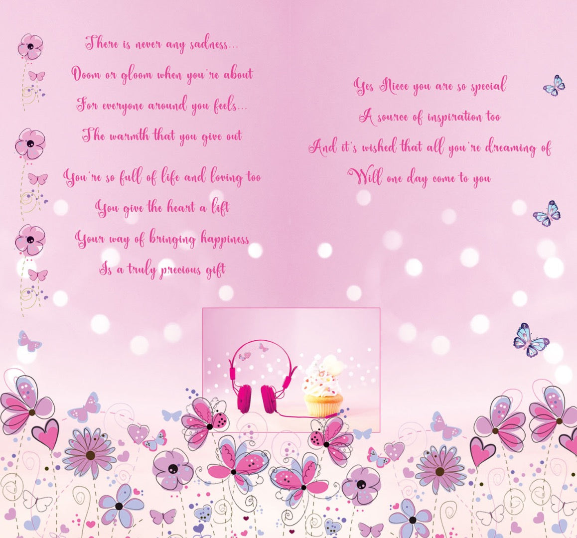 For a Lovely Niece - Headphones & Cupcakes Colourful Versed Insert Birthday Card