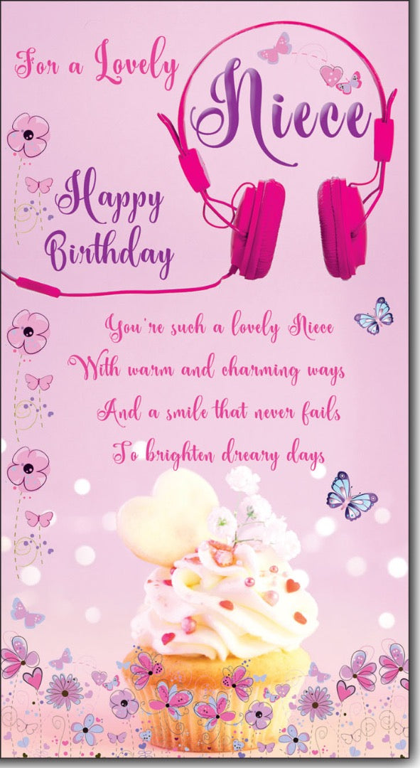 For a Lovely Niece - Headphones & Cupcakes Colourful Versed Insert Birthday Card