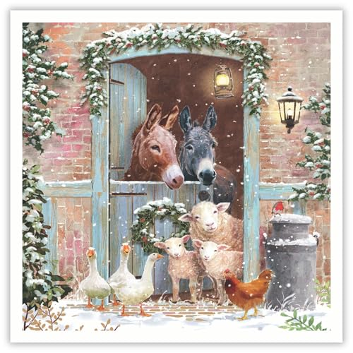 Farm Animals at Stable Door - Pack of 5 Charity Christmas & Happy New Year Cards - Foil Finish - Festive Christmas Cards Multipack - In Aid of Rainbow Trust