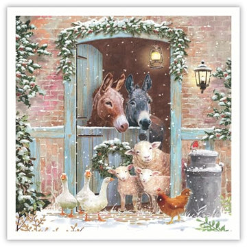 Farm Animals at Stable Door - Pack of 5 Charity Christmas & Happy New Year Cards - Foil Finish - Festive Christmas Cards Multipack - In Aid of Rainbow Trust