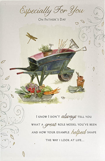 Especially for You on Father's Day Foil Finish Lovely Verse Full Colour Insert Gardening Allotment Wheelbarrow UK Greetings Card