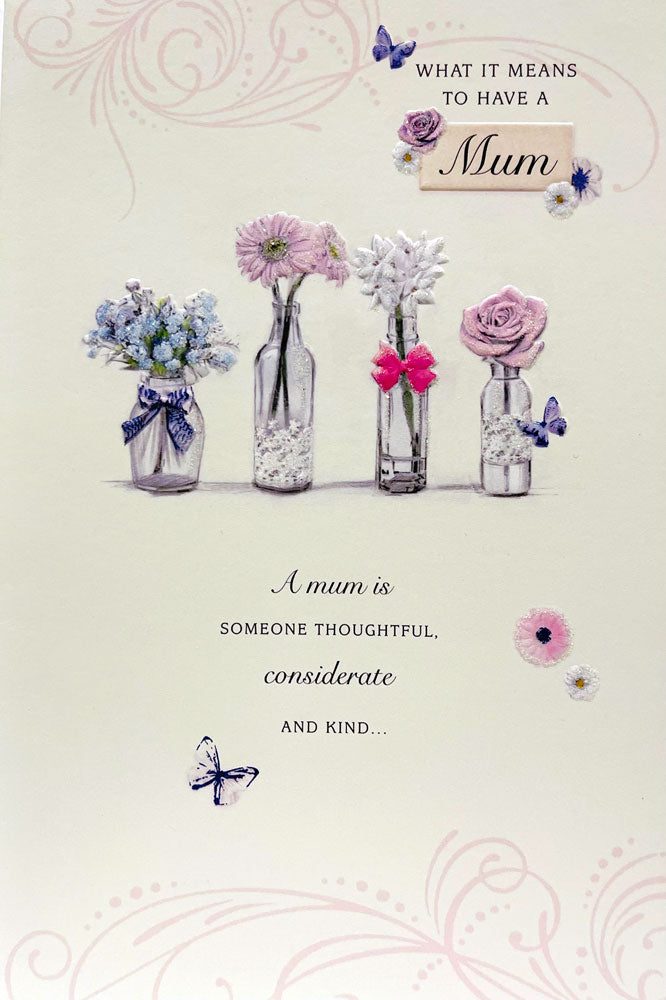 What is Means To Have A Mum? A Mum is Someone Thoughtful, Considerate And Kind... Luxury Silver and Pink Glitter Mother's Day Card From UK Greetings