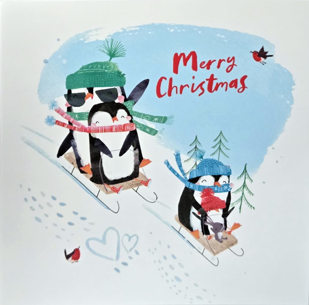 Cute Festive Penguins Little Puddings Designed with Love 5 Christmas Cards Pack - Eco-Friendly - Premium Gloss Finish by Woodmansterne