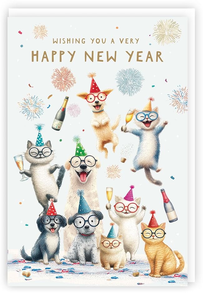Cute Cats & Dogs Happy New Year Party Greeting Card with Colour Insert, 9'' x 6''