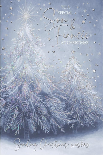 To Special Son & Fianc�e Festive Tree Winter Wonderland Christmas Greeting Card (23x15.5cm)  Silver Foil Finish with Silver Envelope