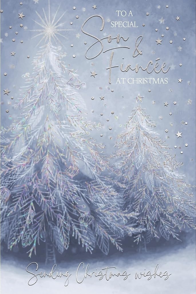 To Special Son & Fianc�e Festive Tree Winter Wonderland Christmas Greeting Card (23x15.5cm)  Silver Foil Finish with Silver Envelope