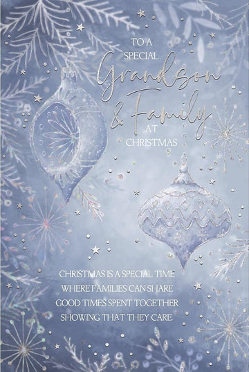 Grandson & Family Xmas Sparkle Festive Winter Wonderland Christmas Greeting Card (23x15.5cm)  Silver Foil Finish with Silver Envelope